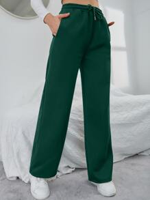 INAWLY Solid Drawstring Slant Pocket Sweatpants - Dark Green - View 4