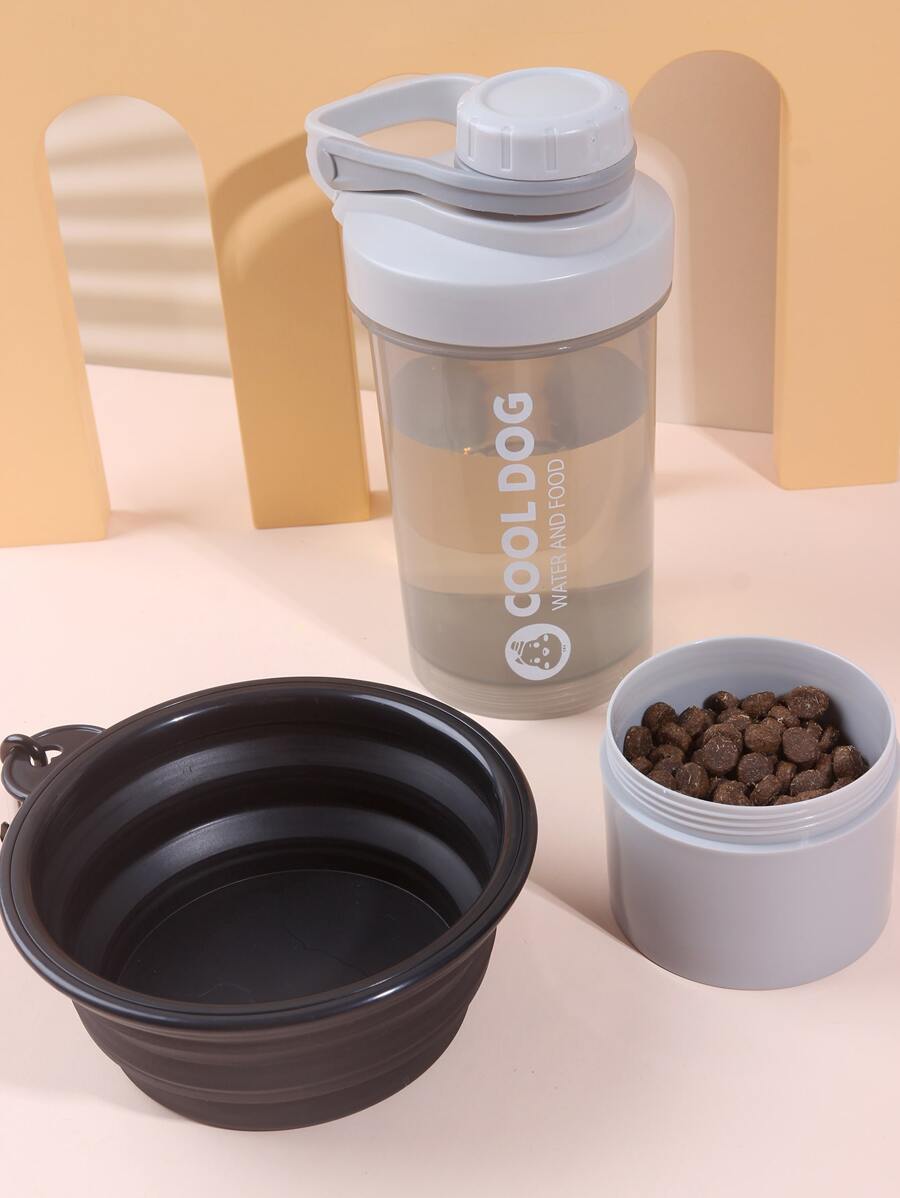 nicovaer 2pcs/set Gray Portable Outdoor Pet Water/food Bottle & Black Collapsible Travel Bowl, Suitable For Dogs/cats While Hiking Or Traveling - Grey - View 1