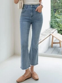 DAZY Raw Trim Flare Leg Jeans - Medium Wash - View 1