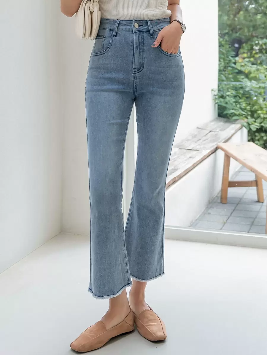 DAZY Raw Trim Flare Leg Jeans - Medium Wash - View 1