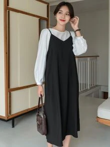 DAZY Solid Zipper Back Cami Dress Without Top - Black - View 1