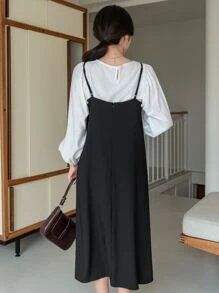 DAZY Solid Zipper Back Cami Dress Without Top - Black - View 2