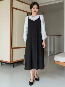 DAZY Solid Zipper Back Cami Dress Without Top - Black - View 4