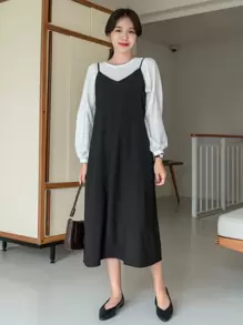 DAZY Solid Zipper Back Cami Dress Without Top - Black - View 5