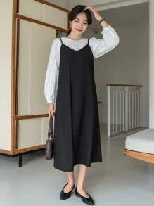 DAZY Solid Zipper Back Cami Dress Without Top - Black - View 6