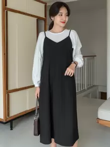 DAZY Solid Zipper Back Cami Dress Without Top - Black - View 7