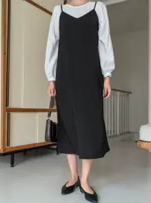 DAZY Solid Zipper Back Cami Dress Without Top - Black - View 8