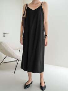 DAZY Solid Zipper Back Cami Dress Without Top - Black - View 9