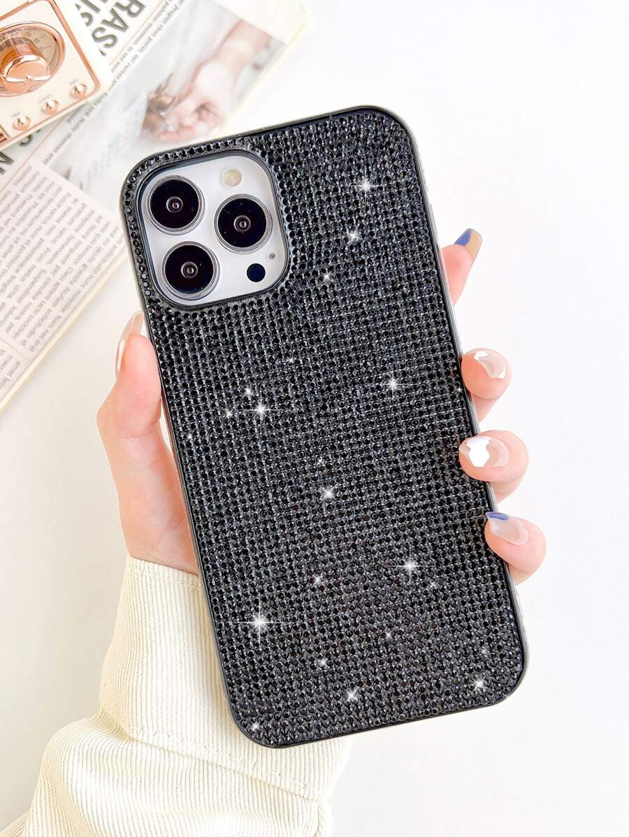奢華全包式鑲嵌水晶閃爍手機殼，適用於iPhone - 黑色 - 查看 1
