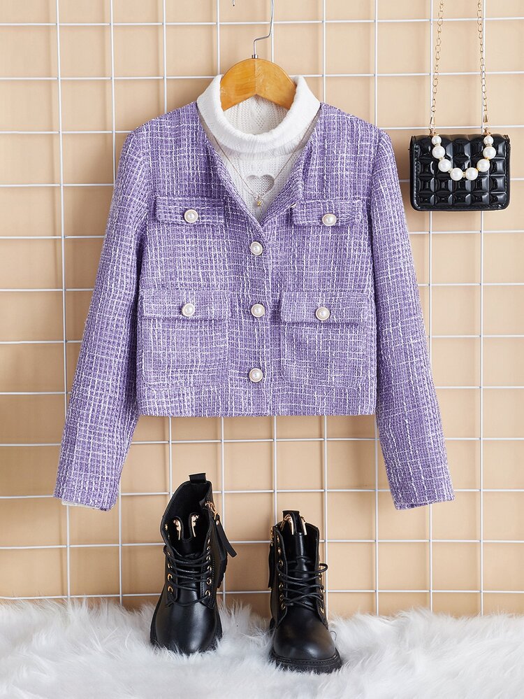 SHEIN Niñas Abrigo con patrón de cuadros con bolsillo con solapa tweed sin jersey - Lila Púrpura - Añade 1