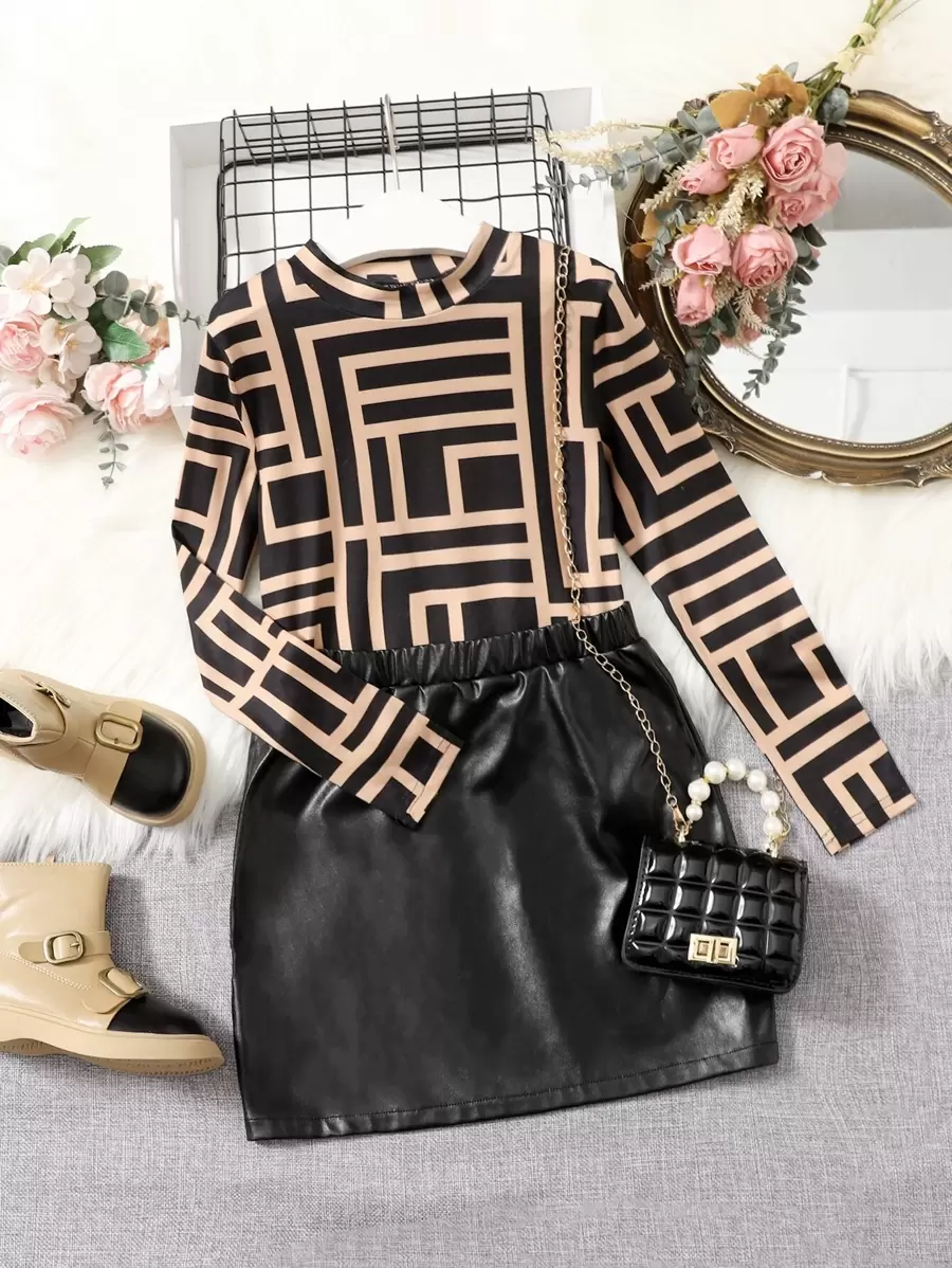 SHEIN Tween Girl 2pcs/Set Autumn/Winter Business Style Geometric Print T-Shirt And Skirt - Multicolor - View 1