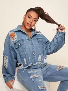 大碼破洞毛邊下擺牛仔夾克 - 淺色水洗藍 - 查看 1