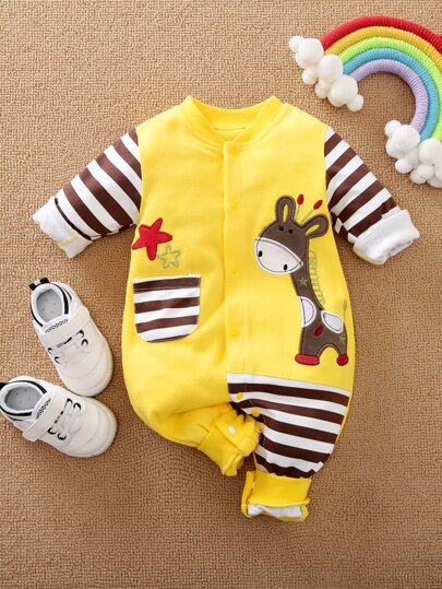 Yierying جمبسوت مطرز بزرافة كارتون مخطط للاولاد الرضع