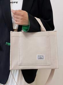 轻便、商务休闲字母贴片灯芯绒手提包，适合青少年女孩、女大学生、新秀和白领人士，非常适合办公室、大学、工作、商务、通勤、户外、旅行、郊游书包、返校、便携、轻便、大容量，适合青少年女孩、女大学生、男孩和男士，非常适合返校、大学、工作、商务、通勤、办公室、购物、度假、书周的学院风书包，大号时尚手提包，最佳秋季灵感创意 - 米色 - 查看 6