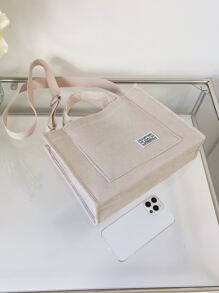 轻便、商务休闲字母贴片灯芯绒手提包，适合青少年女孩、女大学生、新秀和白领人士，非常适合办公室、大学、工作、商务、通勤、户外、旅行、郊游书包、返校、便携、轻便、大容量，适合青少年女孩、女大学生、男孩和男士，非常适合返校、大学、工作、商务、通勤、办公室、购物、度假、书周的学院风书包，大号时尚手提包，最佳秋季灵感创意 - 米色 - 查看 4