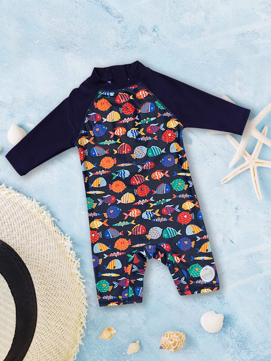 Baby Fish Print Top-stitching Raglan Sleeve One Piece Swimsuit - Multicolor - View 1
