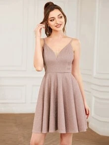 Mesh Insert Glitter Cami Dress Semi Formal Short Party Dress - Baby Pink - View 4