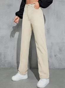SHEIN EZwear High Waist Slant Pockets Corduroy Trousers - Beige - View 1