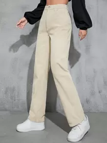 SHEIN EZwear High Waist Slant Pockets Corduroy Trousers - Beige - View 4