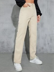 SHEIN EZwear High Waist Slant Pockets Corduroy Trousers - Beige - View 5