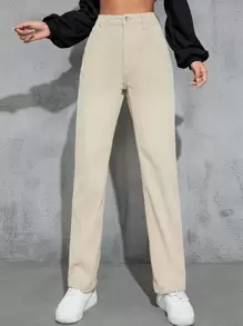 SHEIN EZwear High Waist Slant Pockets Corduroy Trousers - Beige - View 6