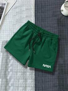 Manfinity Homme Hombres Shorts con estampado de letra de cintura con cordón - Verde Oscuro - Ver 1