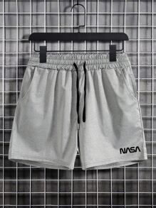Manfinity Homme Men Letter Graphic Drawstring Waist Shorts - Grey - View 1
