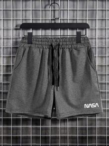 Manfinity Homme Hombres Shorts con estampado de letra de cintura con cordón - Gris Oscuro - Ver 1