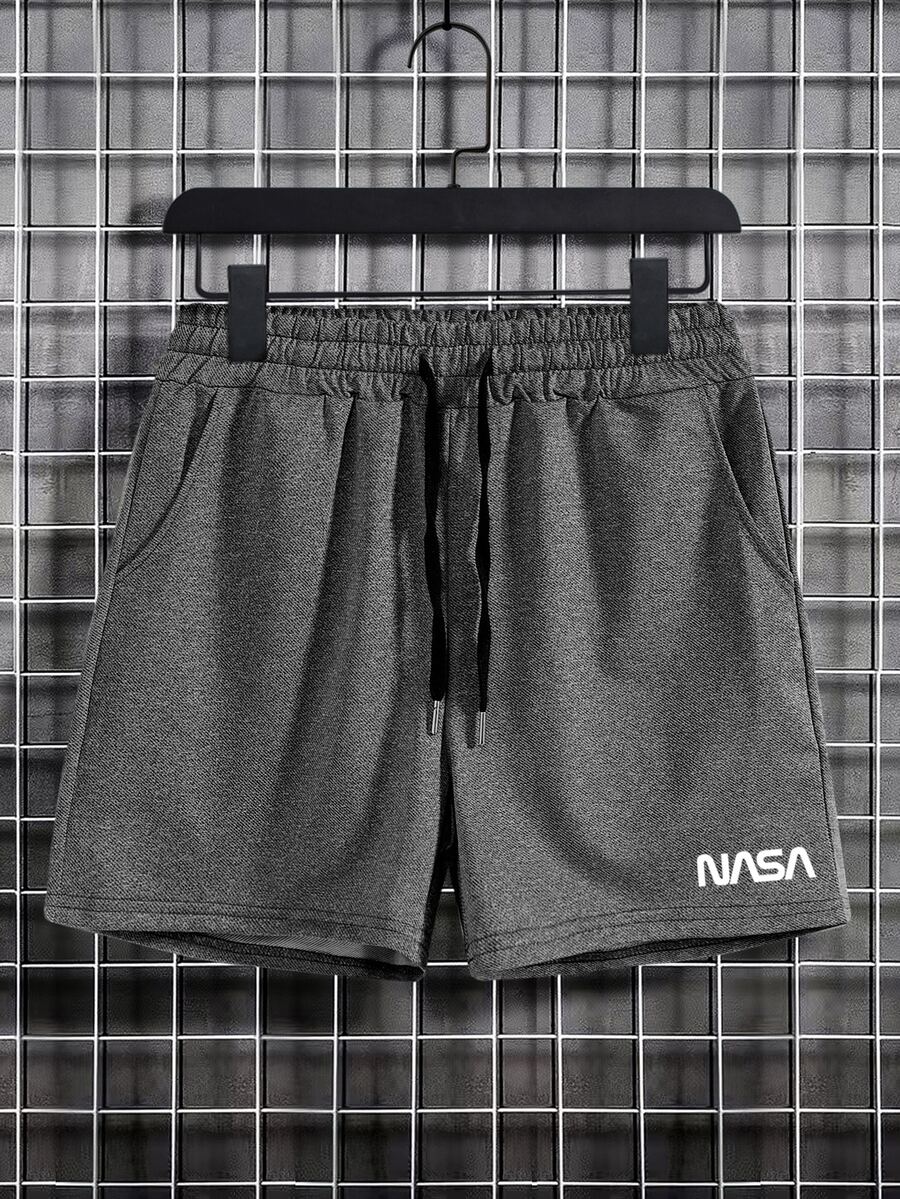 Manfinity Homme Hombres Shorts con estampado de letra de cintura con cordón - Gris Oscuro - Ver 1