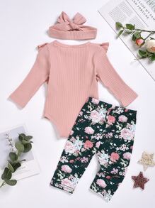 嬰兒荷葉邊連身背心和花卉圖案長褲和頭巾 - 彩色 - 查看 2