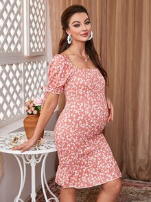 DEARCASE Maternity Ditsy Floral Shirred Knot Puff Sleeve Ruffle Hem Bodycon Dress - Coral Pink - View 3