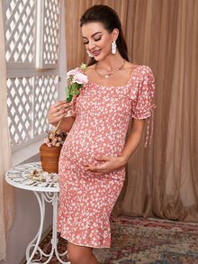 DEARCASE Maternity Ditsy Floral Shirred Knot Puff Sleeve Ruffle Hem Bodycon Dress - Coral Pink - View 4