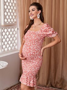 DEARCASE Maternity Ditsy Floral Shirred Knot Puff Sleeve Ruffle Hem Bodycon Dress - Coral Pink - View 5