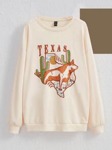 Rengka Sudadera con estampado de letra y dibujos animados de hombros caídos - Beis - Ver 1