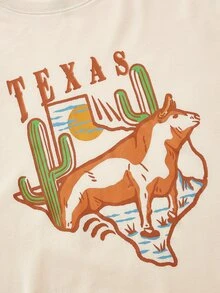 Rengka Sudadera con estampado de letra y dibujos animados de hombros caídos - Beis - Ver 5