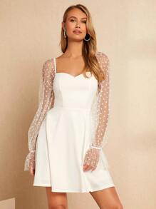 SHEIN Privé Vestido con malla jacquard en contraste de manga con volante - Blanco - Ver 1