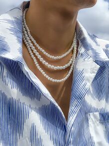 Fashionable And Popular 3pcs Men Faux Pearl Beaded Necklace Punk Hip Pop Style For Jewelry Gift And For A Stylish Look - White - View 1