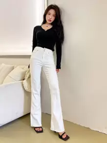 DAZY Áo thun nữ màu trơn Giải trí - màu đen - Xem 5