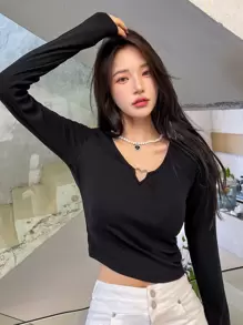 DAZY Áo thun nữ màu trơn Giải trí - màu đen - Xem 6