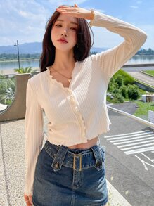 DAZY Lettuce Trim Button Front Crop Tee Long Sleeve Women Tops