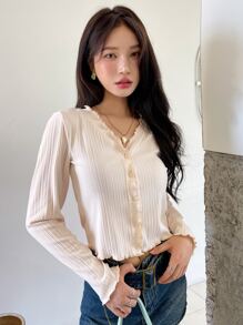 DAZY Lettuce Trim Button Front Crop Tee Long Sleeve Women Tops