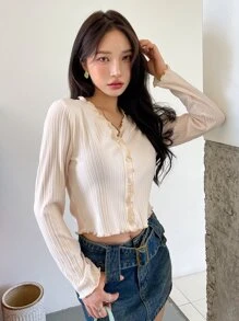 DAZY Lettuce Trim Button Front Crop Tee Long Sleeve Women Tops