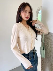 DAZY Lettuce Trim Button Front Crop Tee Long Sleeve Women Tops