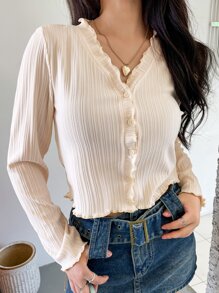 DAZY Lettuce Trim Button Front Crop Tee Long Sleeve Women Tops