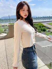 DAZY Lettuce Trim Button Front Crop Tee Long Sleeve Women Tops