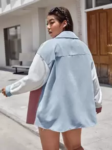 SHEIN EZwear Plus Color Block Patched Pocket Drop Shoulder Corduroy Coat, For Winter Fall Autumn