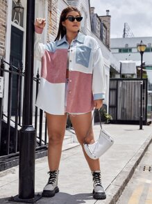 SHEIN EZwear Plus Color Block Patched Pocket Drop Shoulder Corduroy Coat, For Winter Fall Autumn