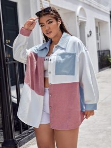 SHEIN EZwear Plus Color Block Patched Pocket Drop Shoulder Corduroy Coat, For Winter Fall Autumn