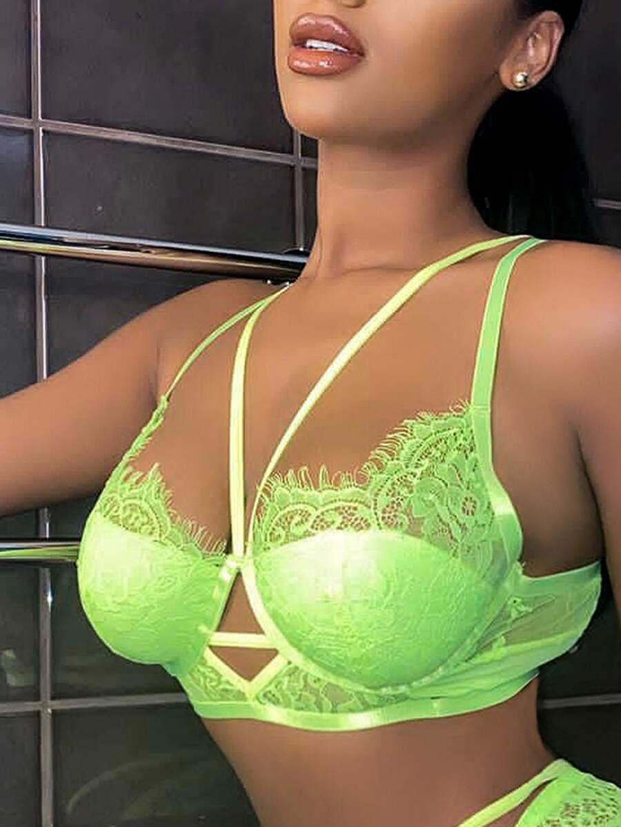 Neon-Green Lace Cut Out Underwire Bra - Lime Green - View 1