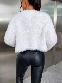 SHEIN Privé Fluffy Knit Drop Shoulder Cardigan, Fall And Winter,Grunge, Casual, WhitePlushFluffy, Longsleeve, Baggy - White - View 2